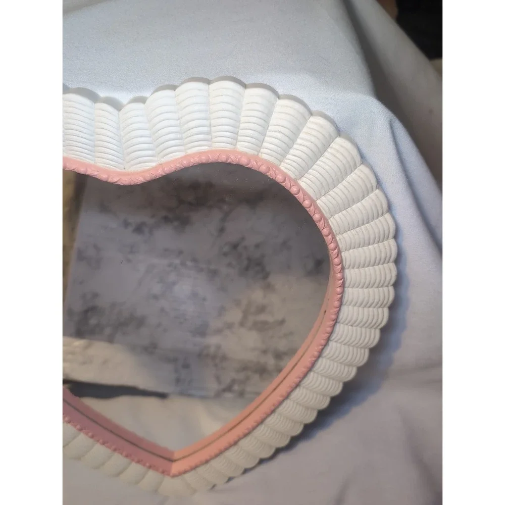 Vintage 80s Homco Mirror Wicker White Resin w/Pink Trim Heart Shaped 16